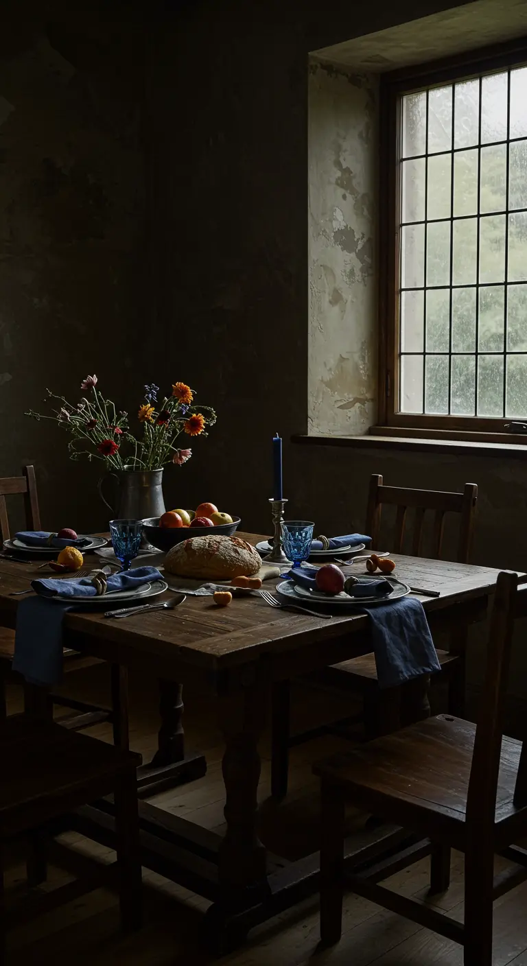 Donkere, stemmige eettafel bij een raam, gedekt met fruit, brood en blauwe servetten.