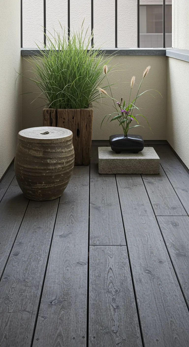 Japandi-stilleven op een grijze houten vloer met potten en grassen.