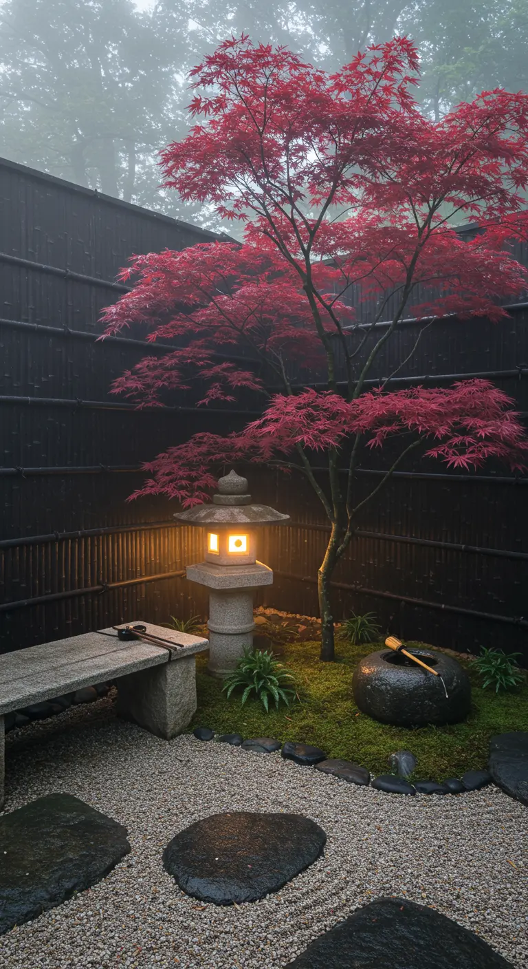 Serene Japanse tuin met rode esdoorn, stenen lantaarn en grind.