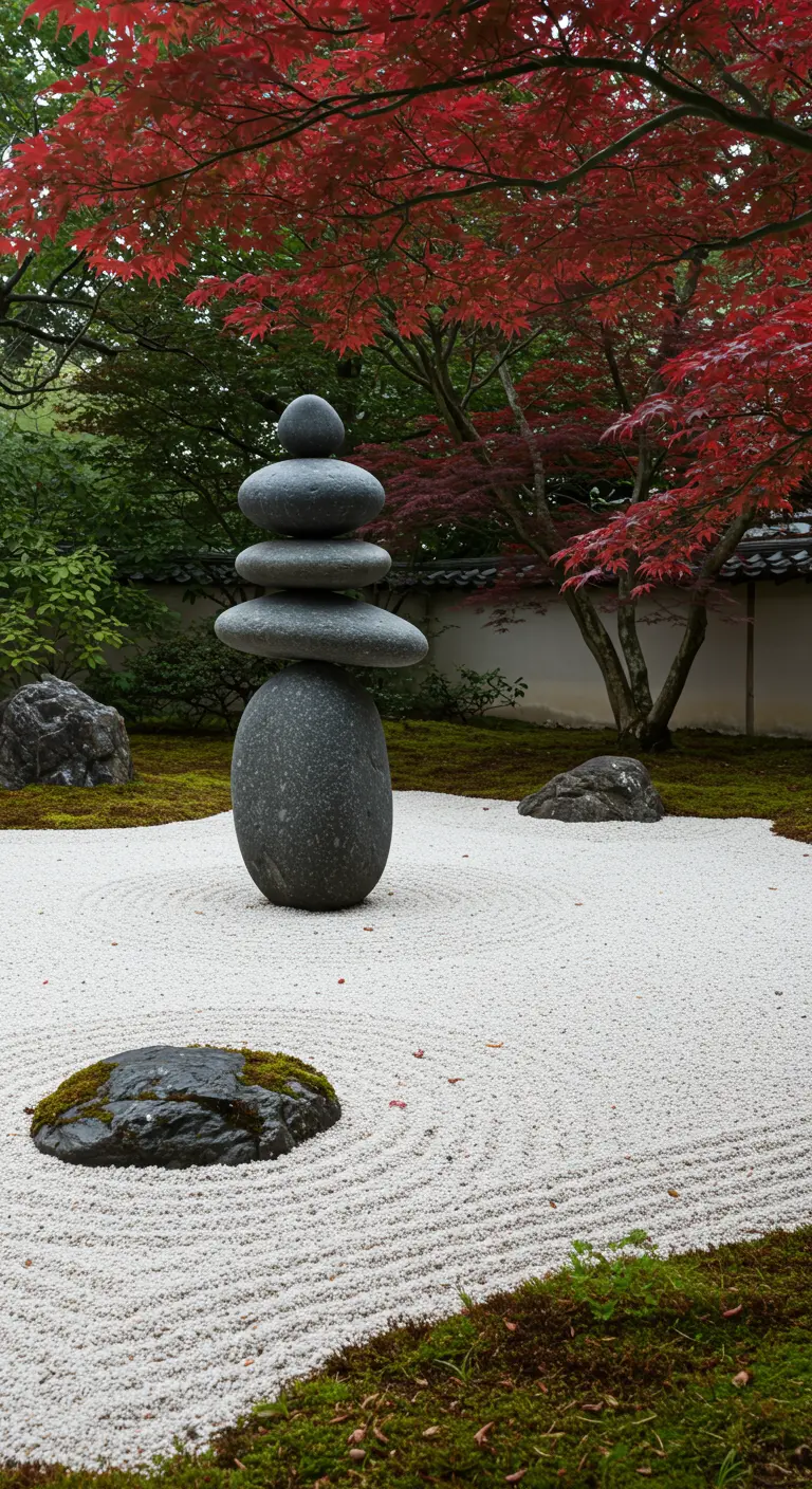 Gestapelde stenen in een Japanse zentuin met geharkt wit zand en een rode esdoorn.