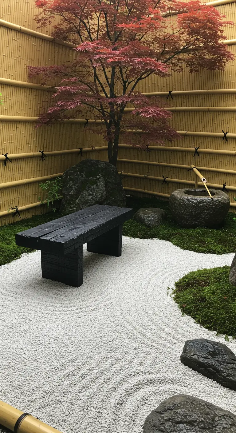 Zwart houten bankje in een Japanse zentuin met geharkt grind en bamboe schutting.
