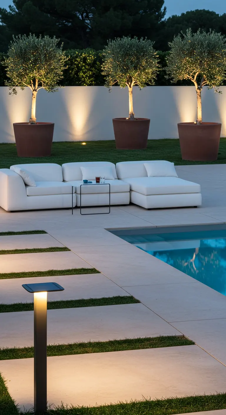 Witte modulaire loungebank bij een zwembad, met drie grote potten met olijfbomen uitgelicht.
