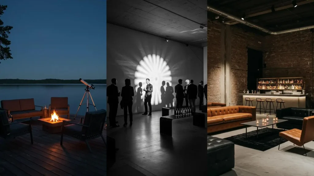 Diverse minimalistische en sfeervolle feestlocaties, inclusief buiten, receptie en barruimte.