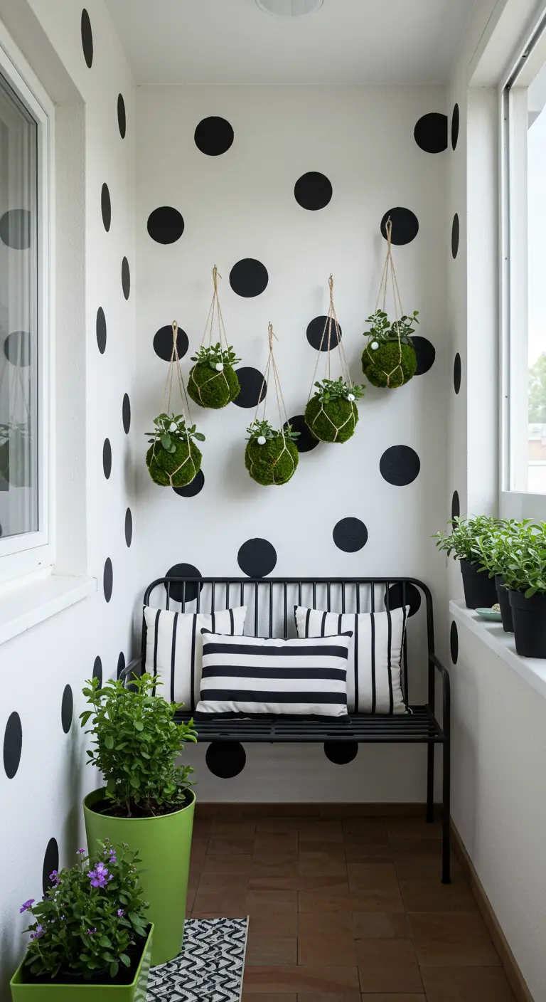 Balkon met witte muur met zwarte stippen, een bankje en hangende kokedama planten.