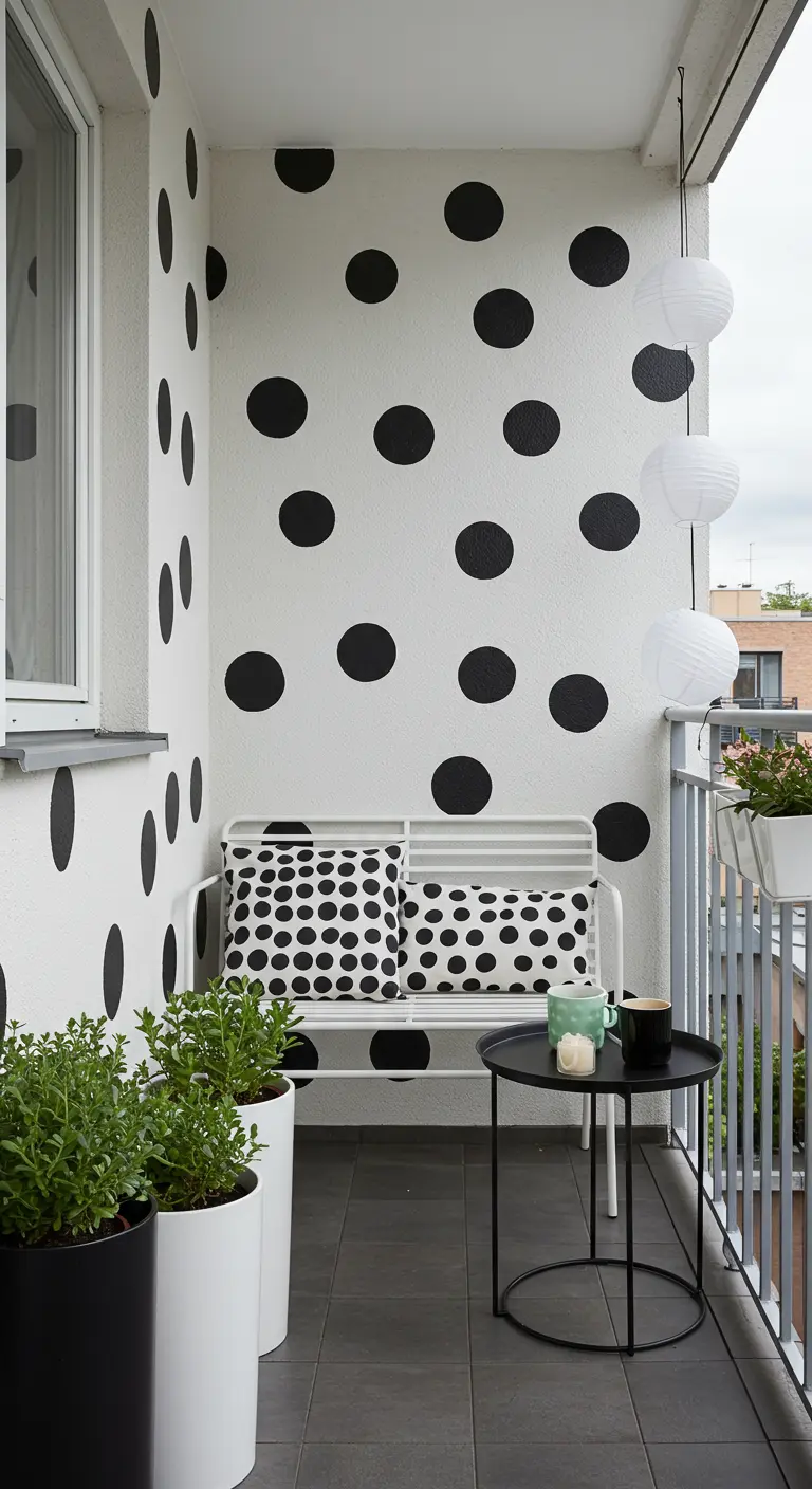 Balkon met een witte muur vol grote zwarte stippen en een wit bankje.