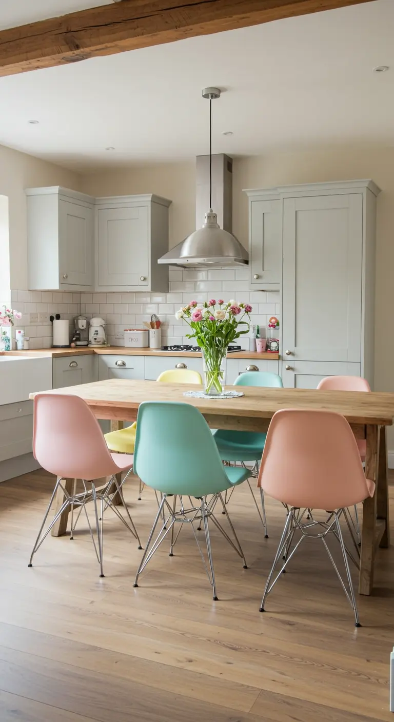 Grijze keuken met een houten eettafel omringd door pastelkleurige stoelen in roze en mintgroen.