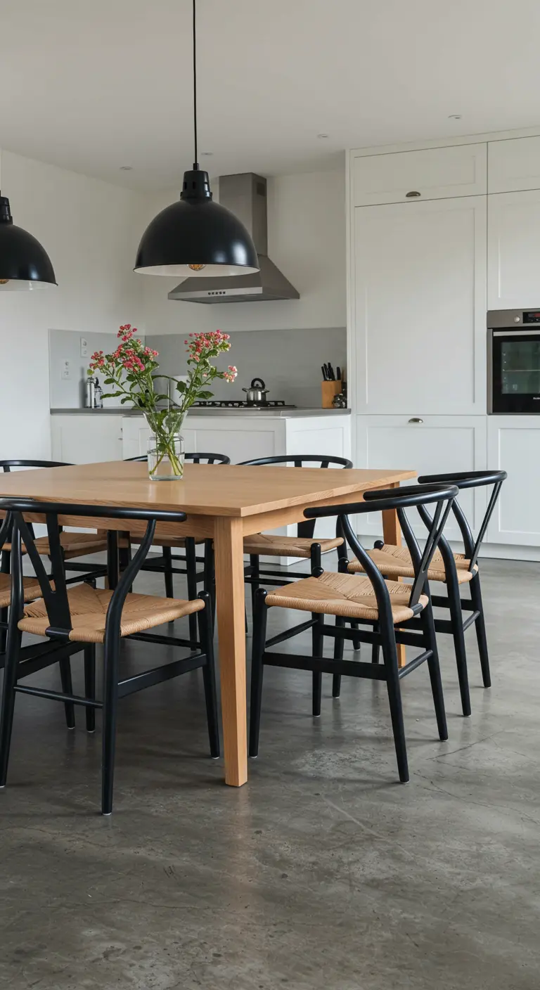 Eethoek met een houten tafel en iconische zwarte eetkamerstoelen op een betonnen vloer.