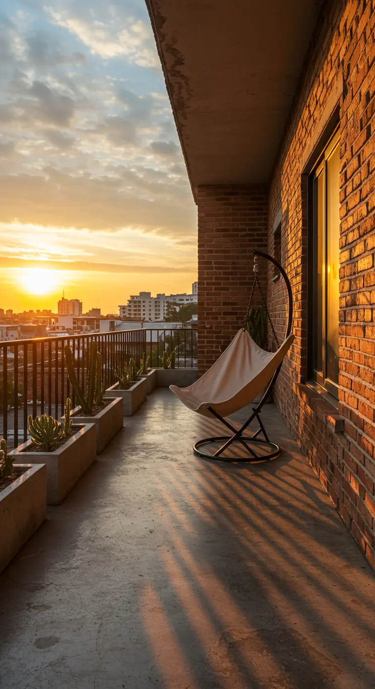 Minimalistische hangstoel op een industrieel balkon met betonnen vloer en bakstenen muur.