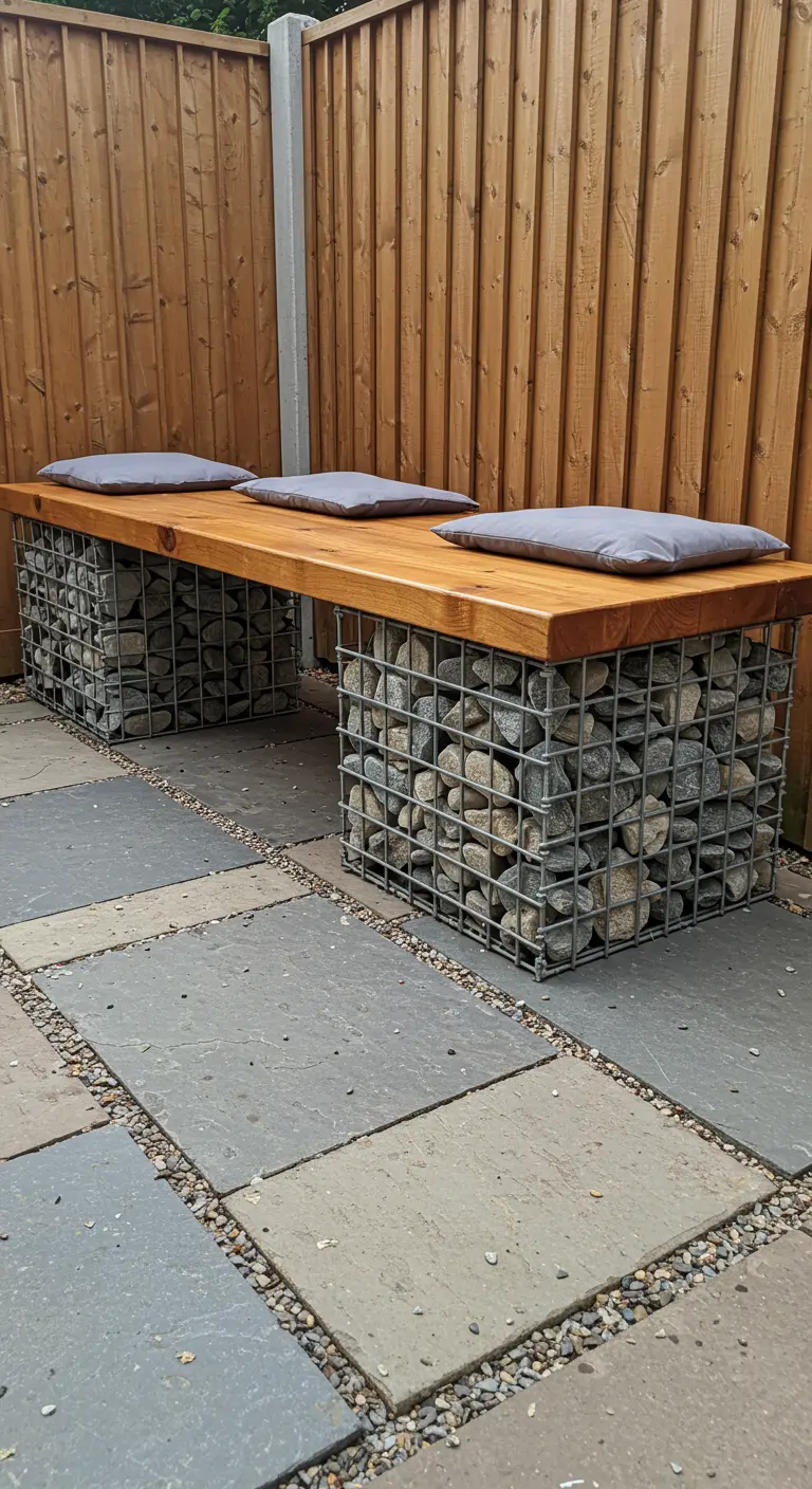 Tuinbank gemaakt van twee met stenen gevulde schanskorven en een houten plank.