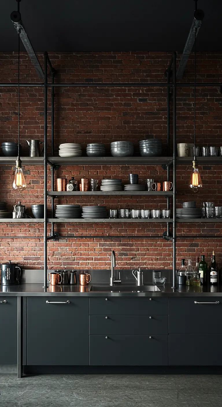 Industriële keuken met bakstenen muur en zwarte metalen open planken.