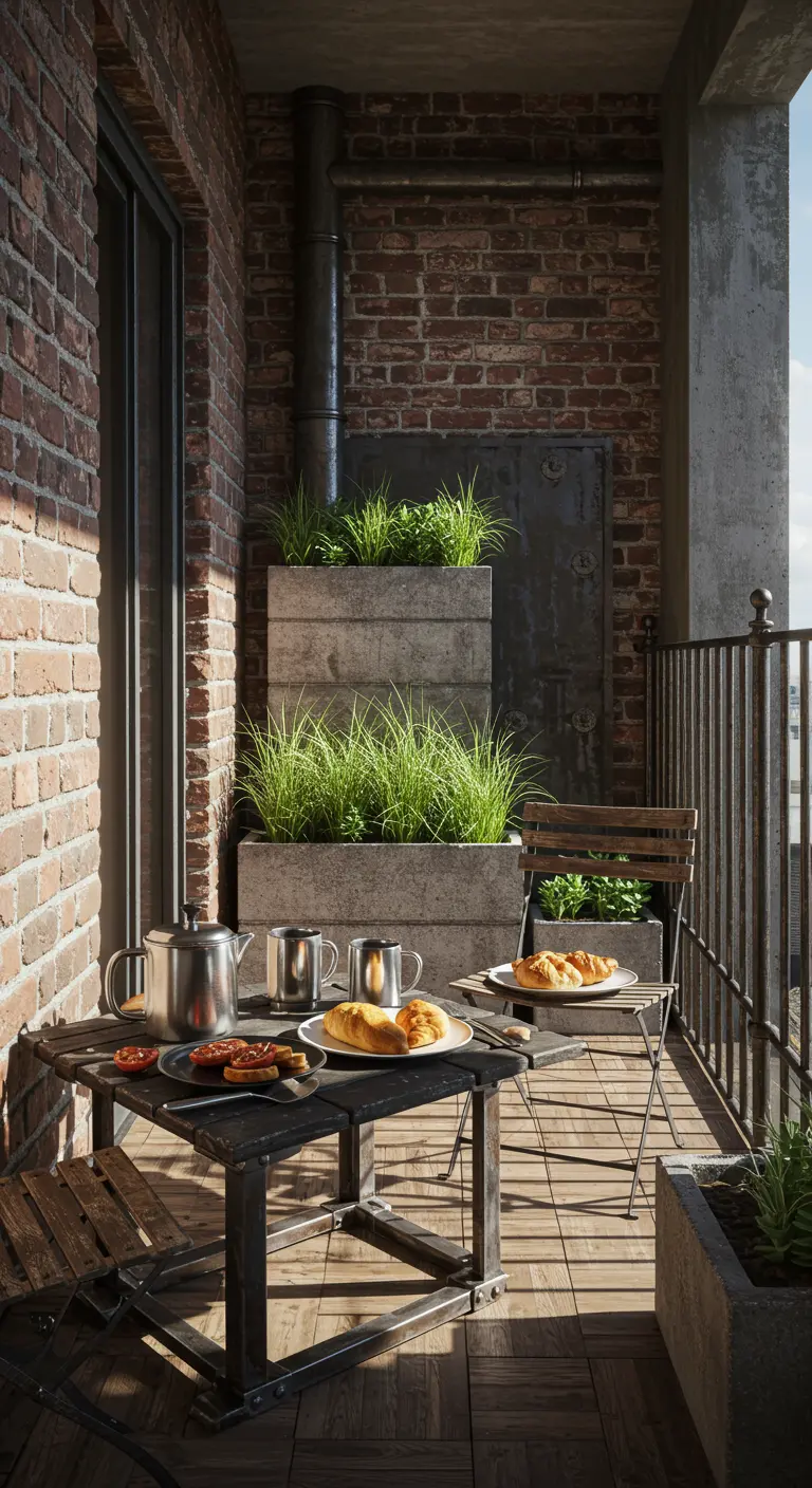 Industrieel balkon met bakstenen muur, betonnen plantenbakken en een donkere metalen bistroset.