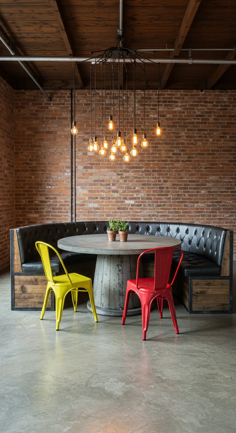 Industriële eethoek met bakstenen muur, zwarte leren bank en rode en gele stoelen.