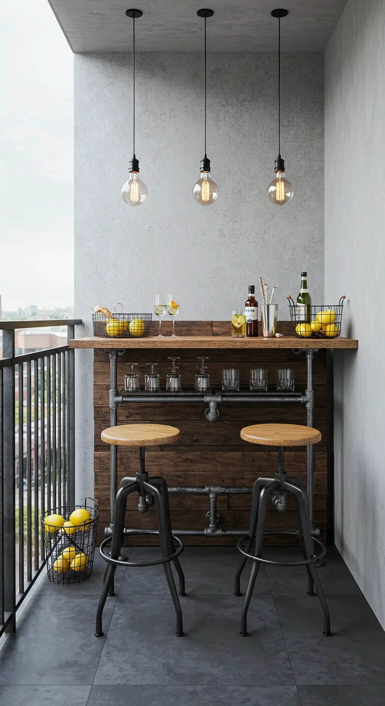 Industriële balkonbar gemaakt van houten planken en steigerbuizen, met vintage barkrukken.