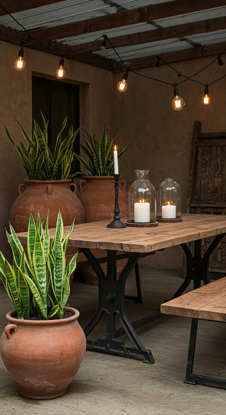 Terras met een industriële houten tafel, Sansevieria-planten in potten en een prikkabel.