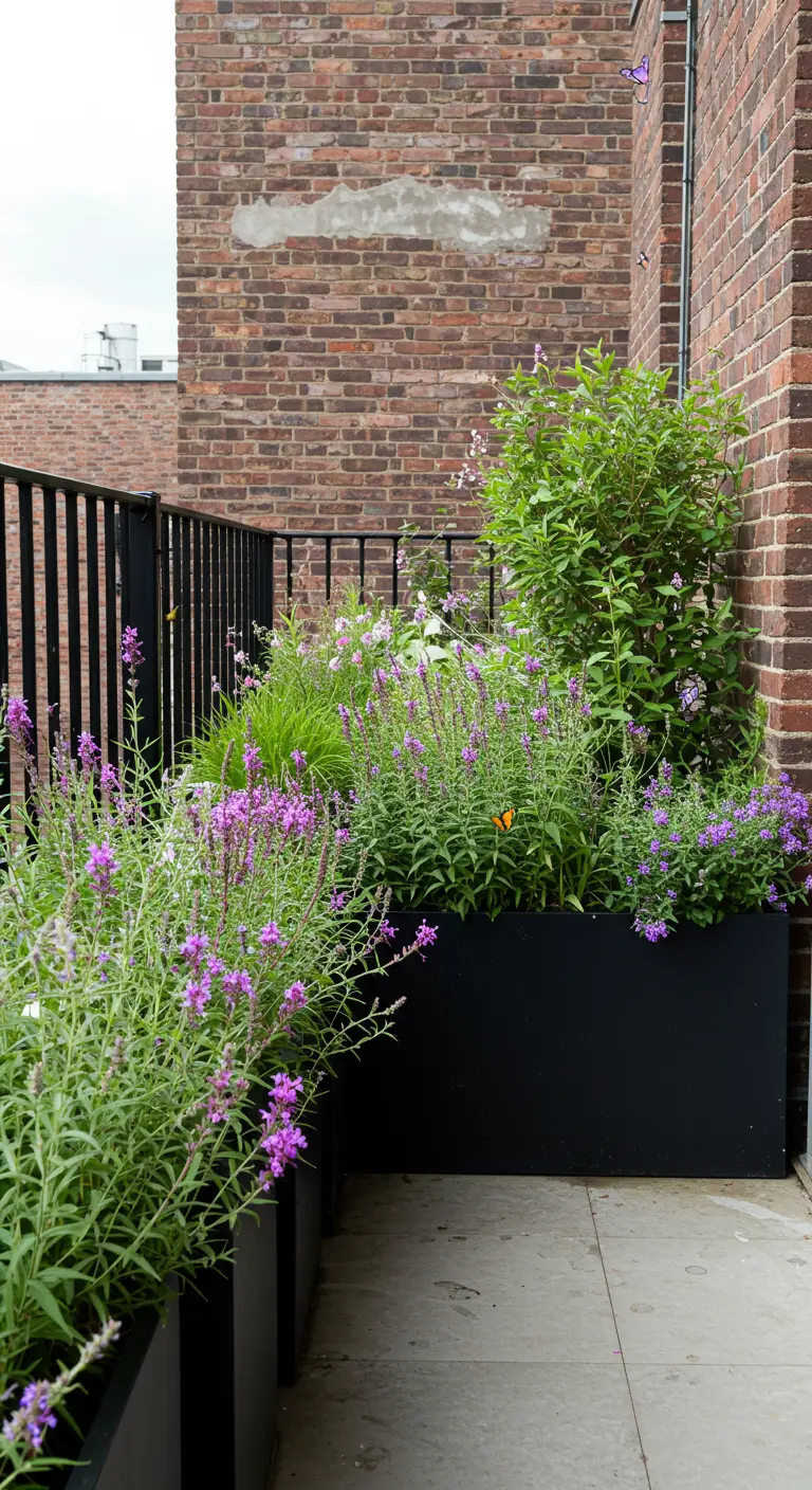 Industrieel balkon met zwarte plantenbakken vol paarse bloemen tegen een bakstenen muur.