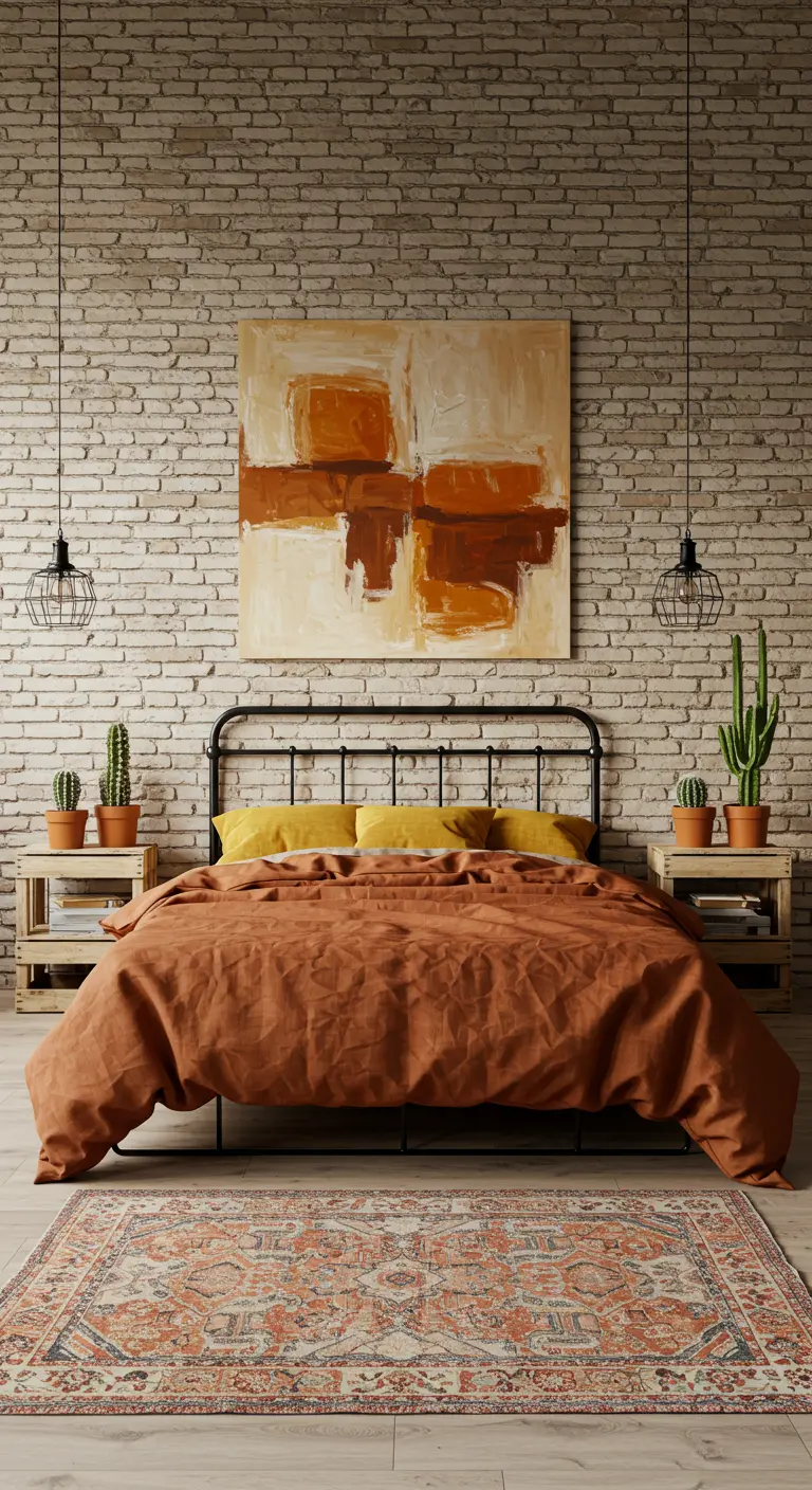 Slaapkamer met bakstenen muur, zwart metalen bed en terracotta beddengoed.