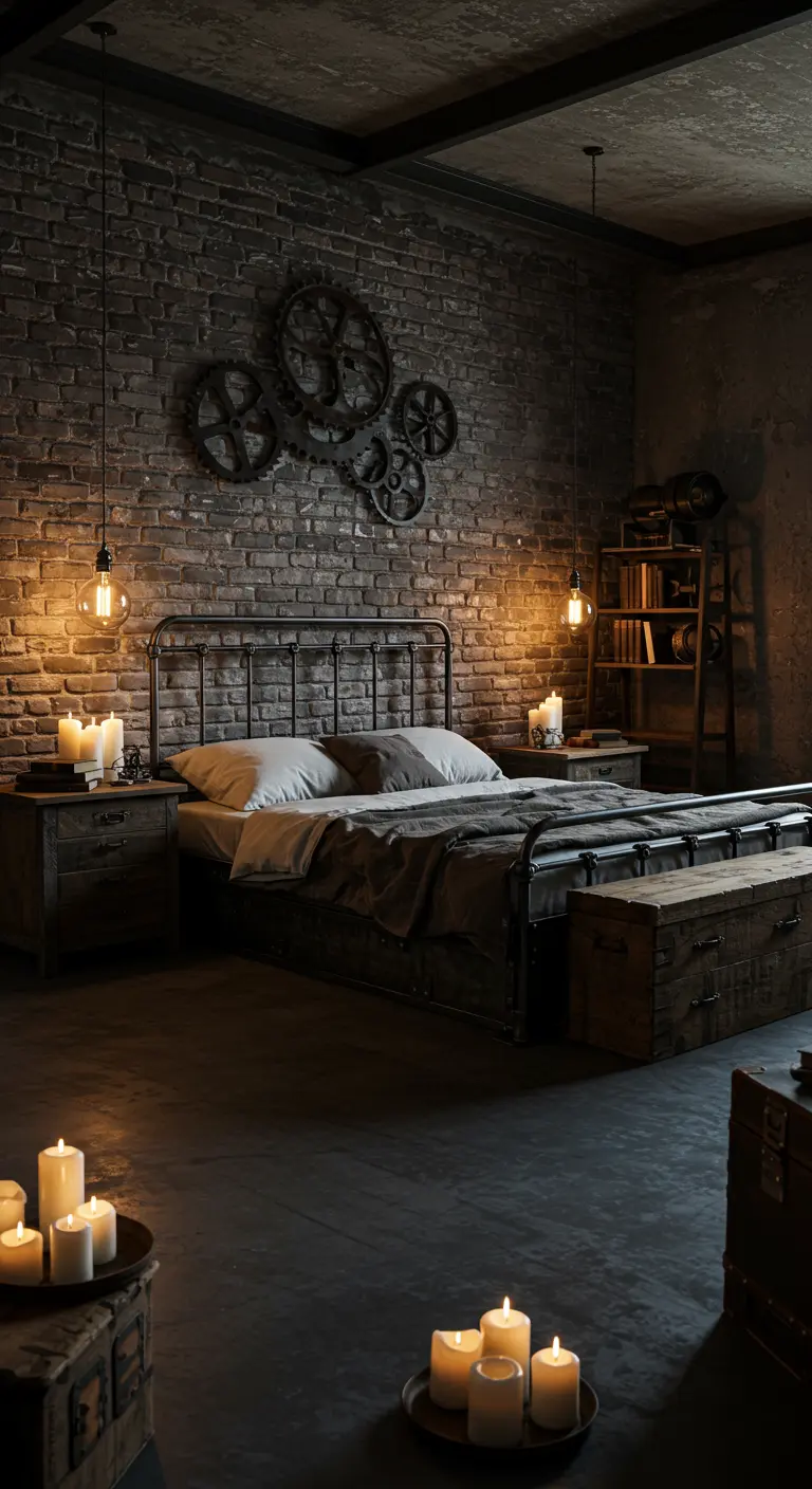 Industriële slaapkamer met bakstenen muur, metalen bed en kaarsen op de vloer.