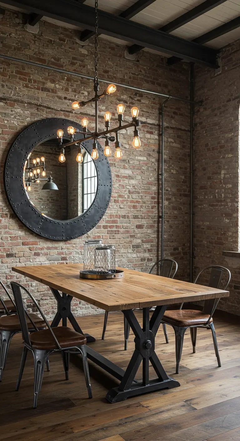 Industriële eethoek met bakstenen muur, robuuste houten tafel en grote ronde spiegel met metalen frame.