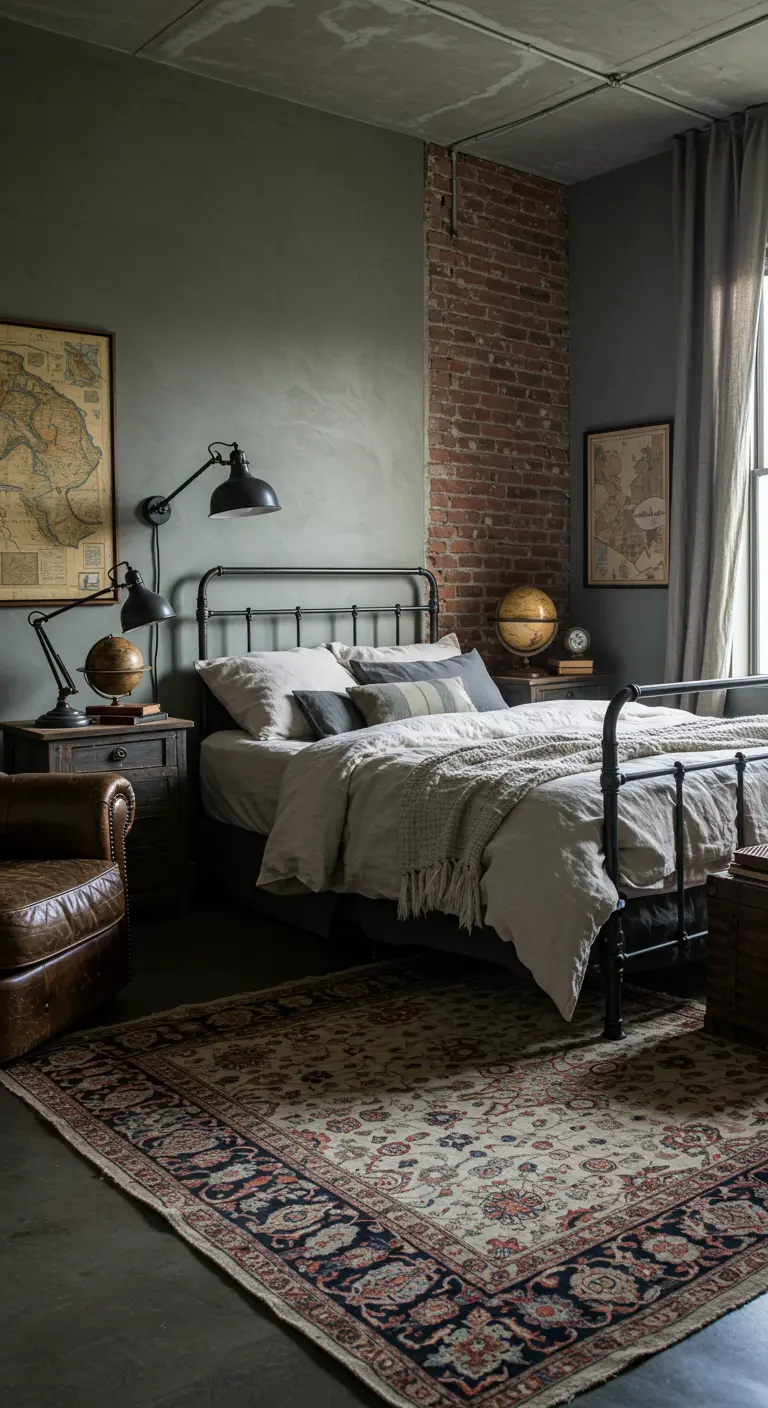 Industriële slaapkamer met bakstenen muur, metalen bed en vintage globes.