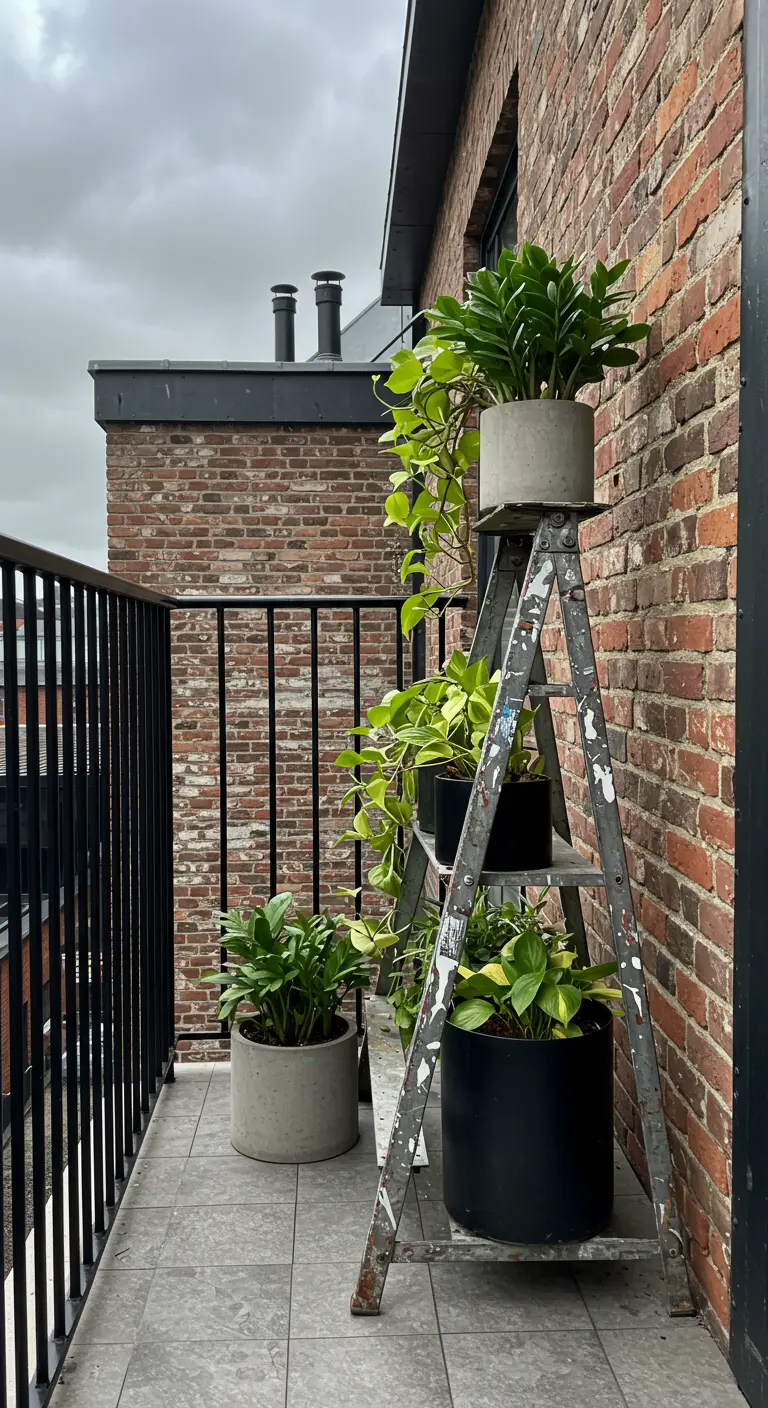 Oude metalen A-frame ladder met planten in betonnen en zwarte potten op een industrieel balkon.