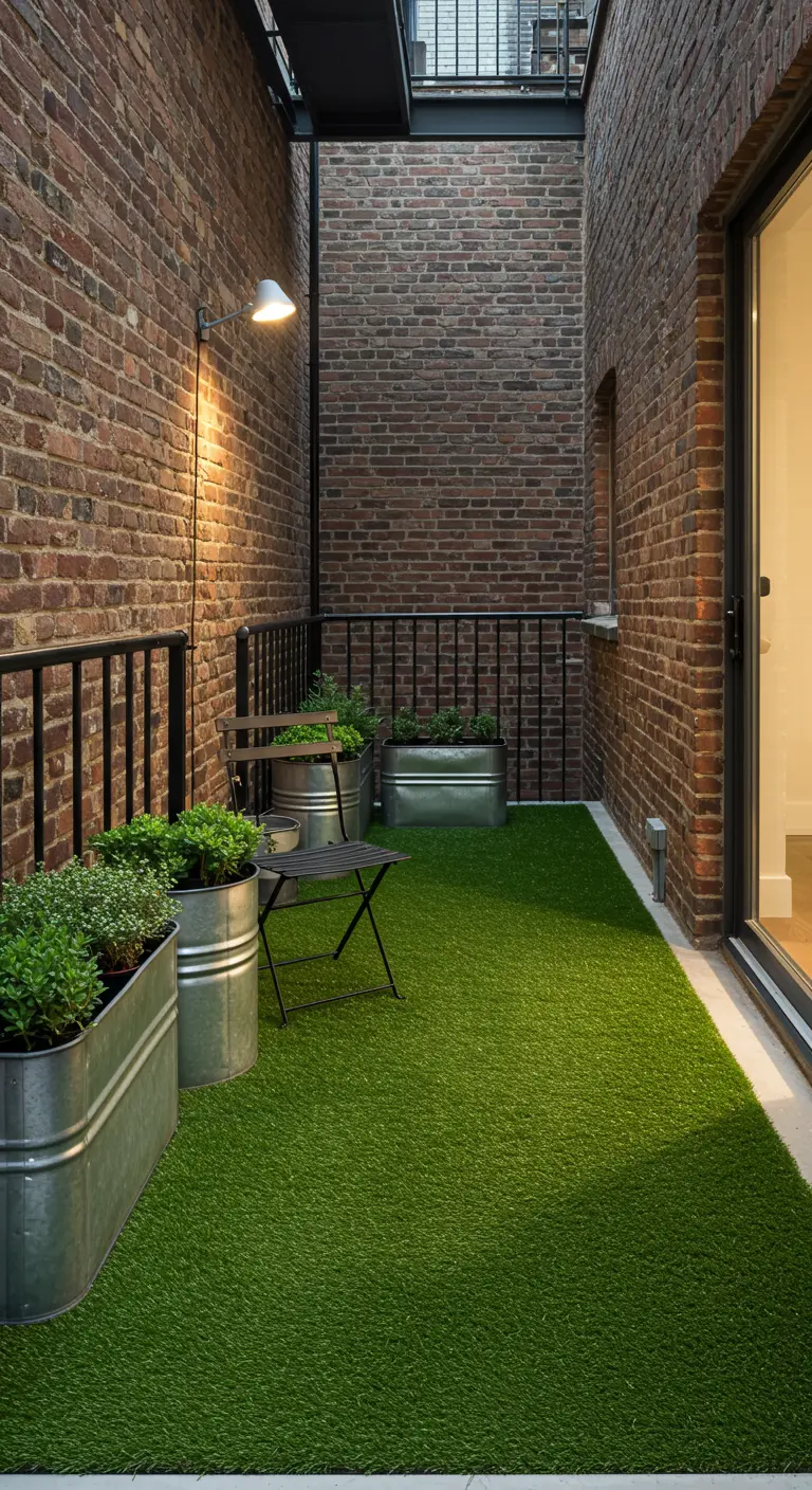 Balkon met kunstgras, bakstenen muur en stalen plantenbakken voor een industriële look.