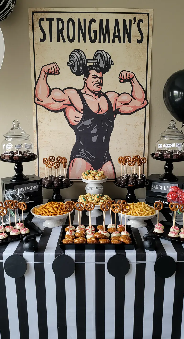 Desserttafel met 'strongman'-thema, zwart-witte strepen en hapjes in haltervorm.
