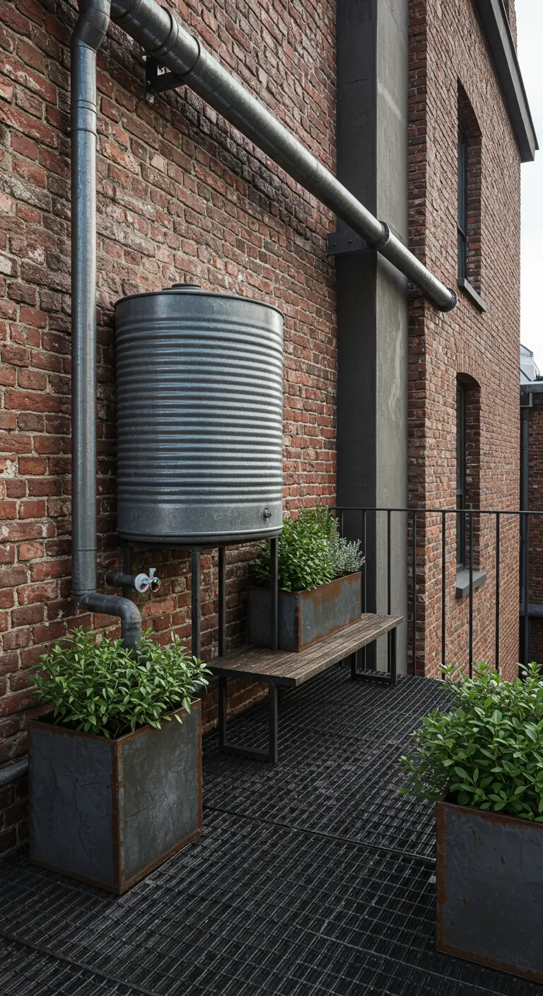 Industriële gegalvaniseerde regenton op een balkon met metalen rooster.