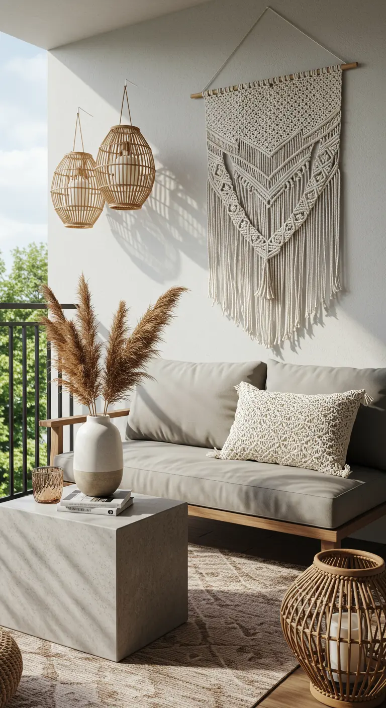 Modern boho-balkon met een betonnen tafel, houten bank en rotan lampen.