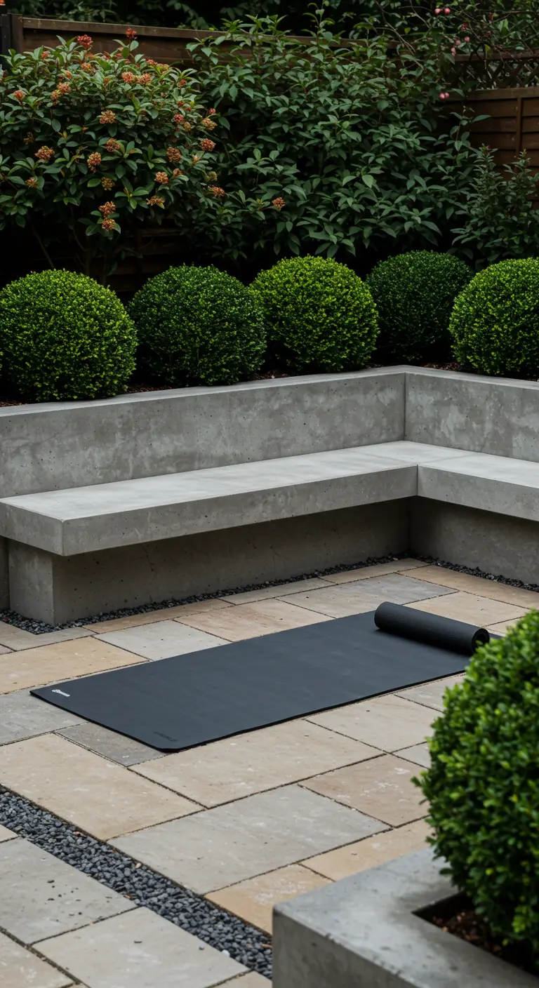 Moderne tuin met een strakke betonnen bank, buxusbollen en een zwarte yogamat.