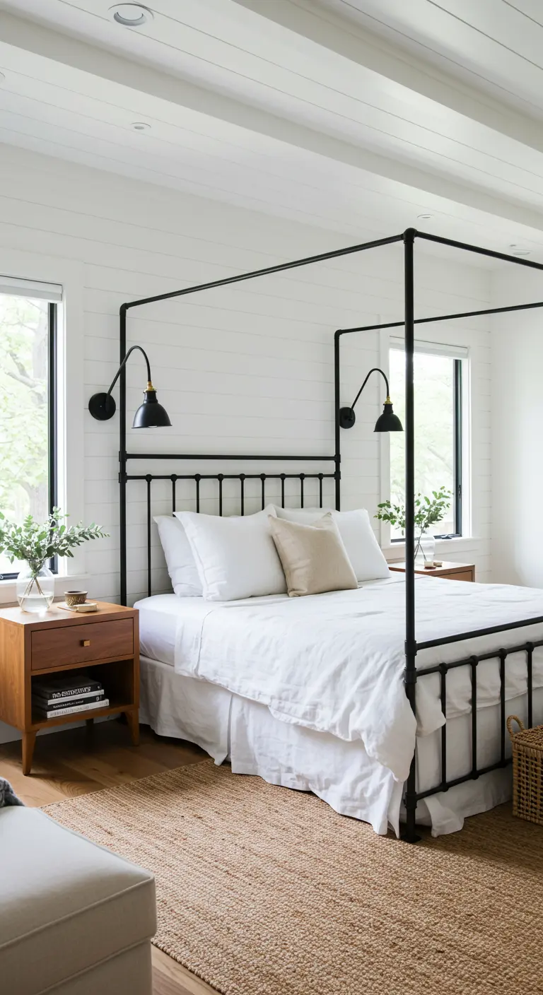 Zwart metalen hemelbed tegen een witte houten muur in een lichte, moderne slaapkamer.