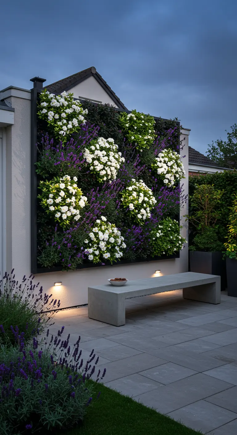 Moderne tuin met een strakke, verticale plantenwand en betonnen bank.