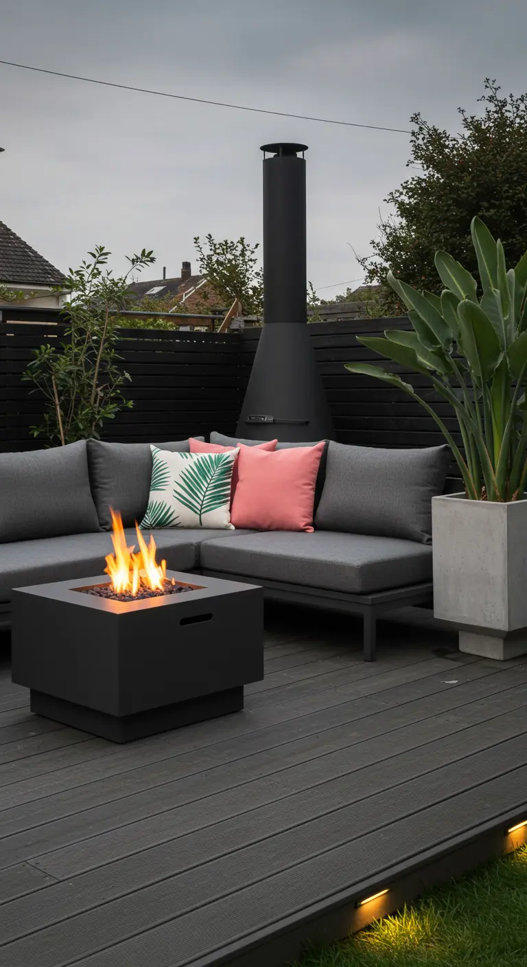 Moderne grijze loungeset op een vlonder met vuurtafel en roze en groene kussens.