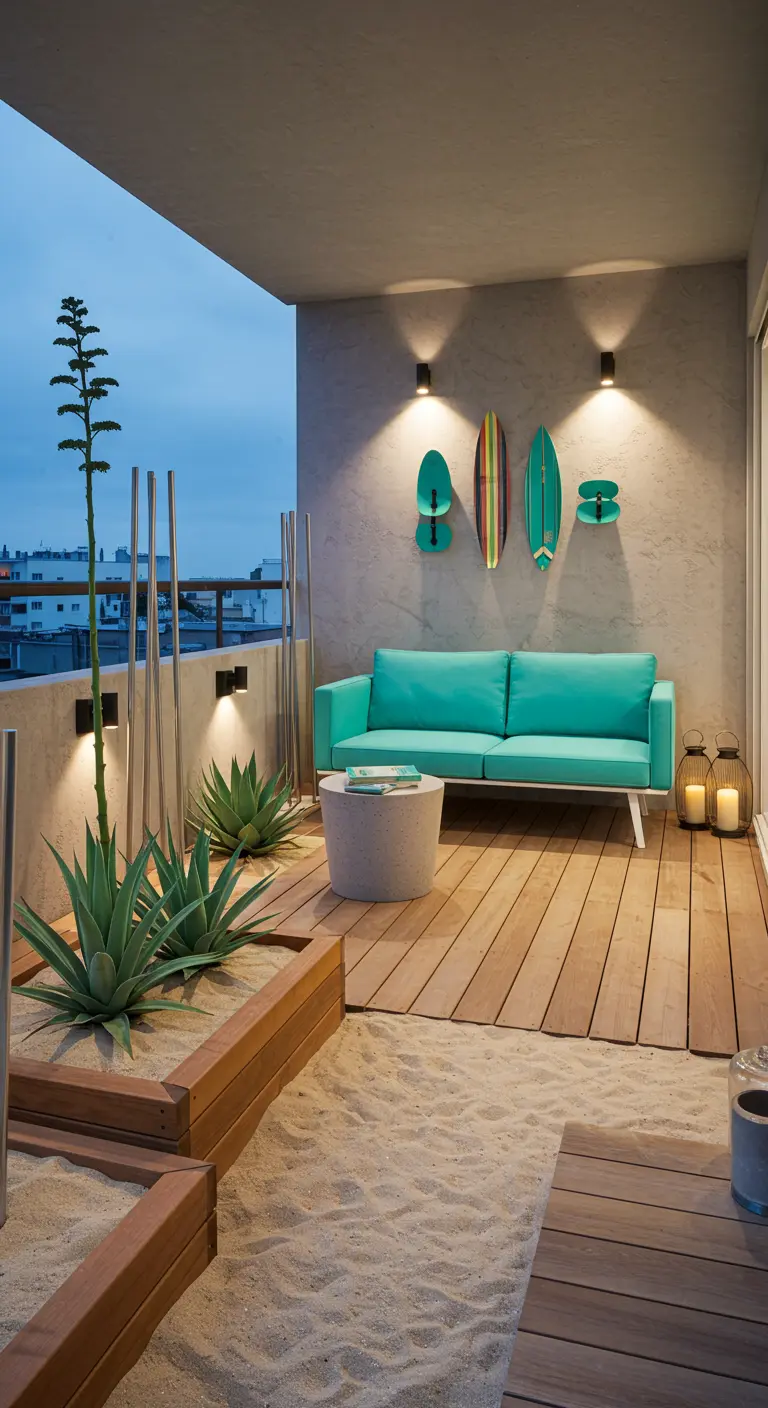 Modern balkon met zandbed, strakke bank, wandlampen en gekleurde surfboards als decoratie.