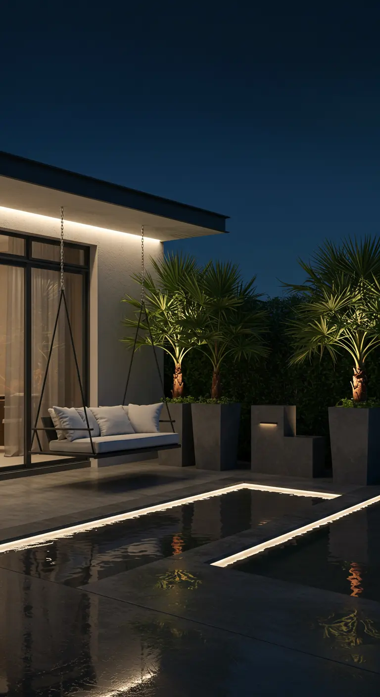 Moderne witte schommelbank boven terras met LED-verlichting in de grond en strakke plantenbakken.