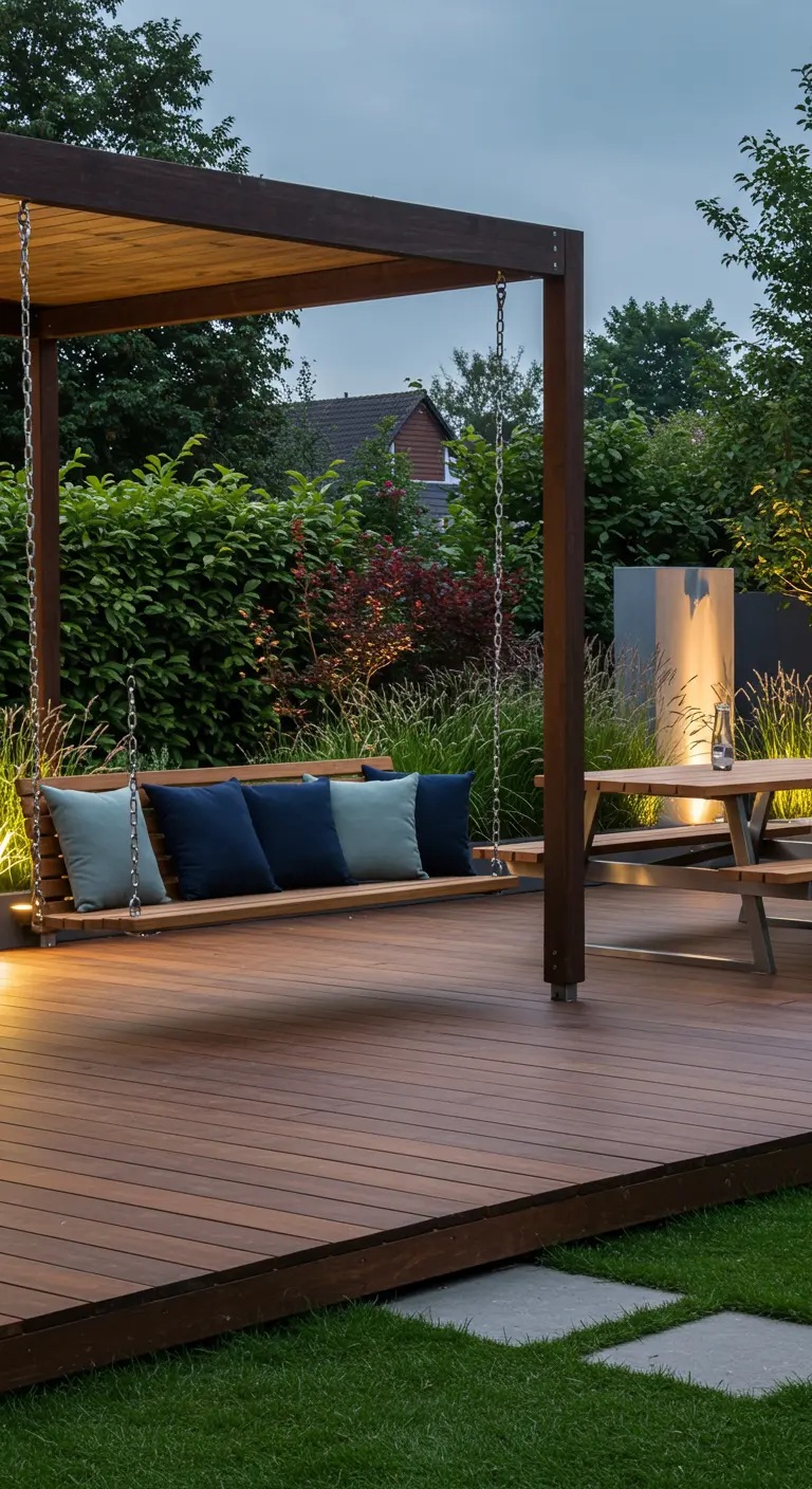 Moderne houten pergola met schommelbank, houten vlonder en subtiele buitenverlichting.