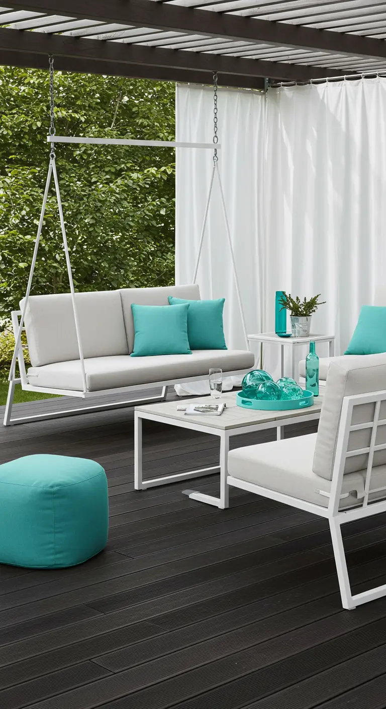 Moderne witte schommelbank en loungeset met turquoise kussens op een donker terras.