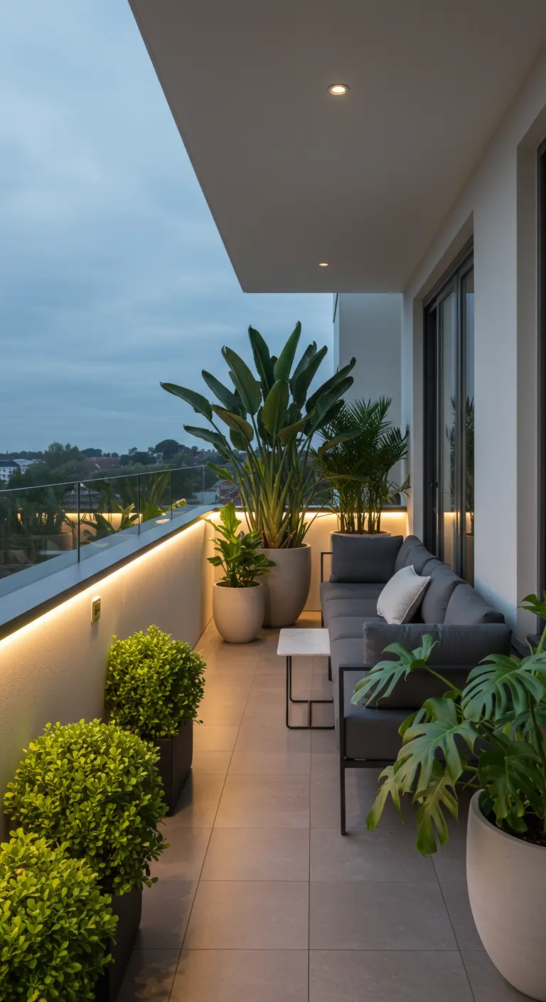 Strak modern balkon met grote planten in minimalistische potten, grijze loungebank en indirecte verlichting.