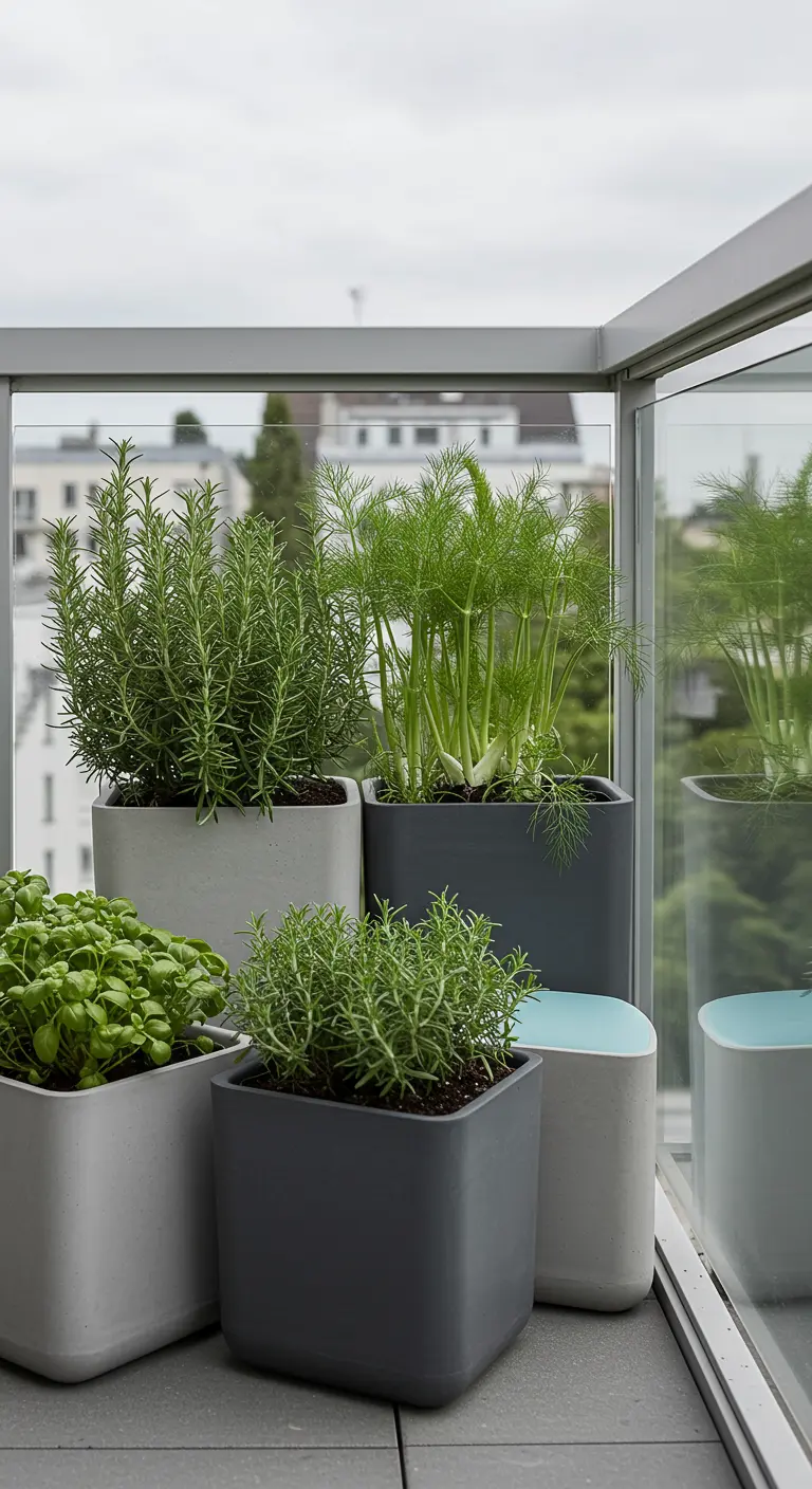 Moderne, vierkante potten met betonlook gevuld met diverse kruiden op een strak balkon.