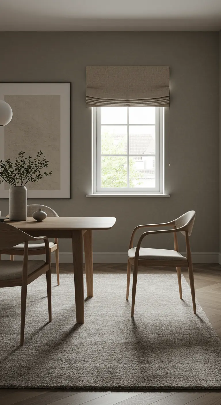Moderne, serene eetkamer met een beige vouwgordijn, houten meubels en een lichtgrijs tapijt.