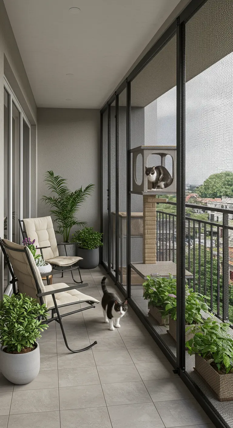 Twee katten op een modern, afgeschermd balkon met een simpele krabpaal.