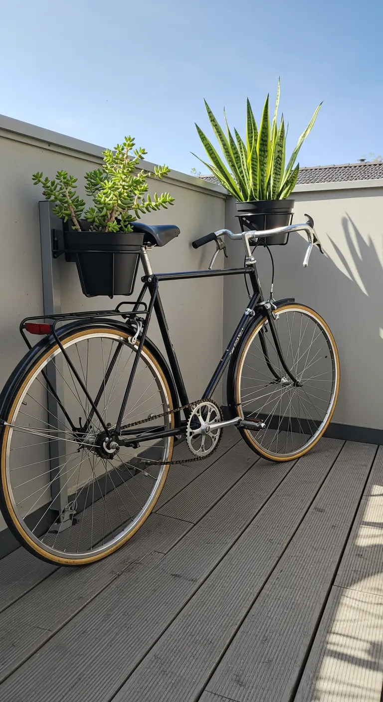 Moderne zwarte fiets op een houten balkonvloer met twee zwarte plantenbakken erop.