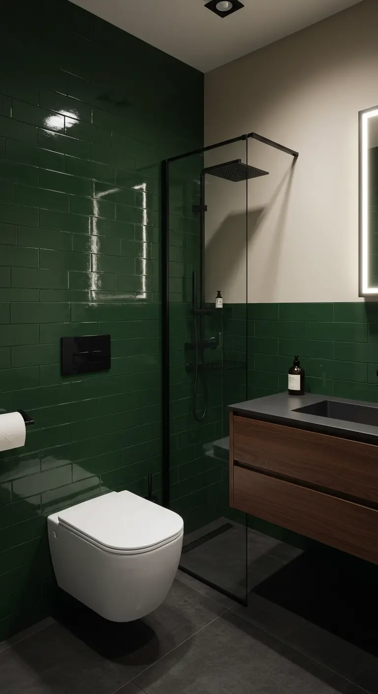 Moderne badkamer met glanzende donkergroene metrotegels en een houten zwevend meubel.