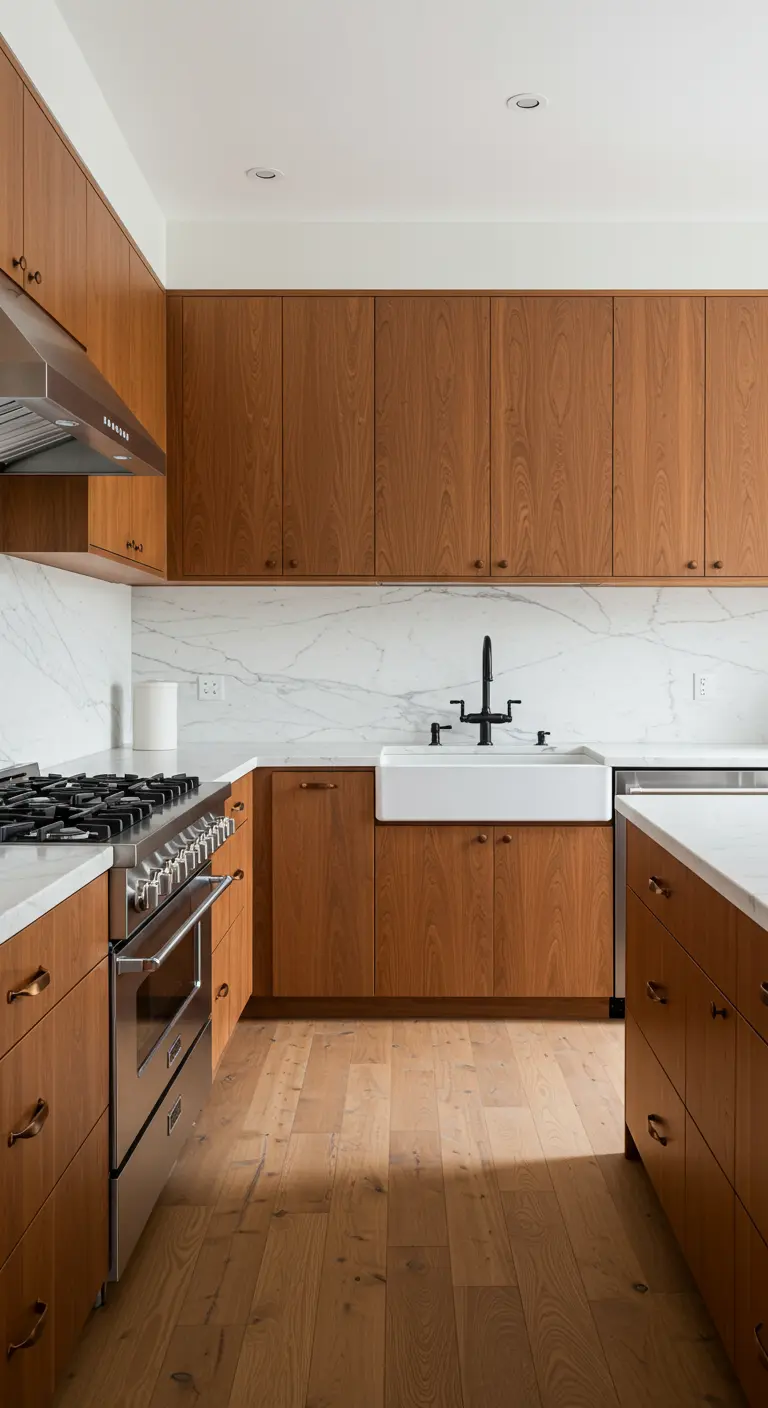 Moderne landelijke keuken met strakke houten kasten en een wit marmeren achterwand.