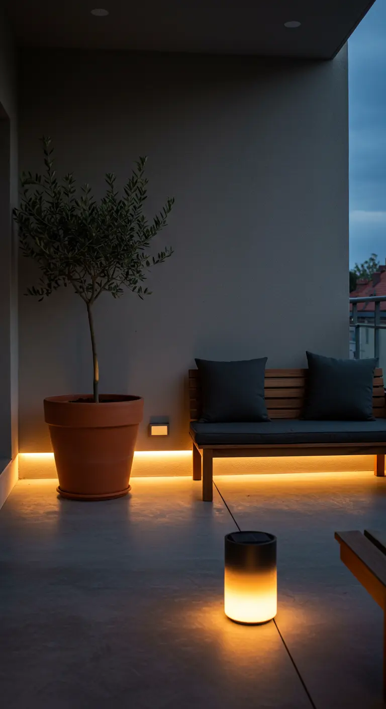 Modern balkon met houten bank en LED-strip verlichting langs de vloer, naast een olijfboom in pot.