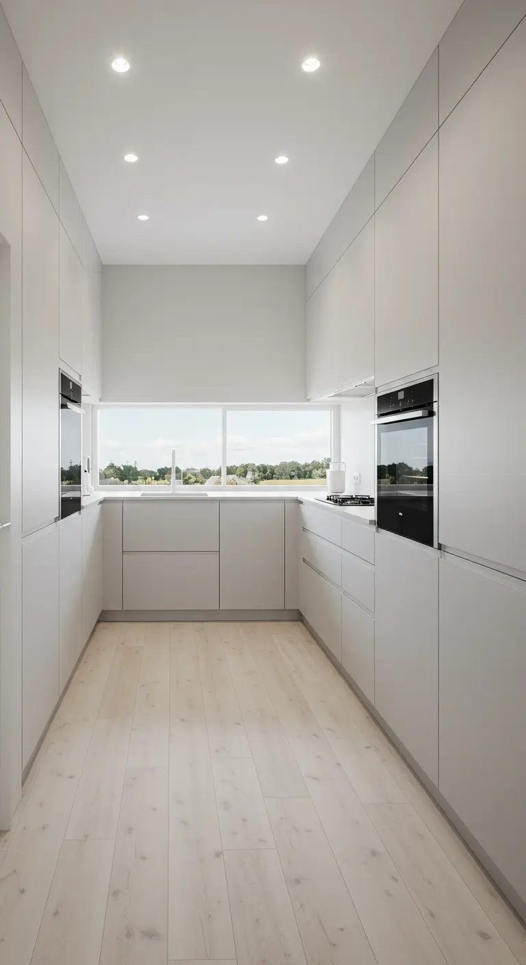 Minimalistische U-vormige keuken in lichtgrijs met een breed raam en strakke lijnen