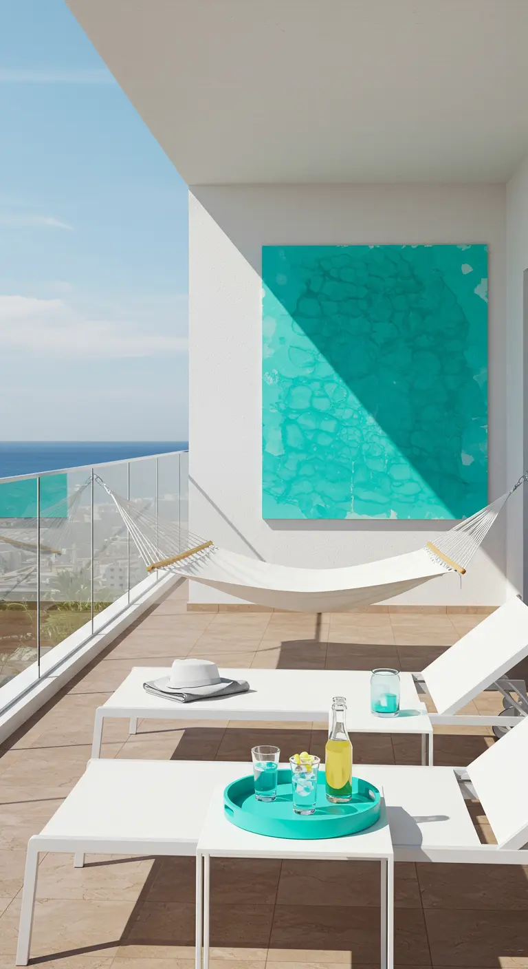 Modern balkon met witte ligbedden, een strakke hangmat en een groot turquoise kunstwerk.