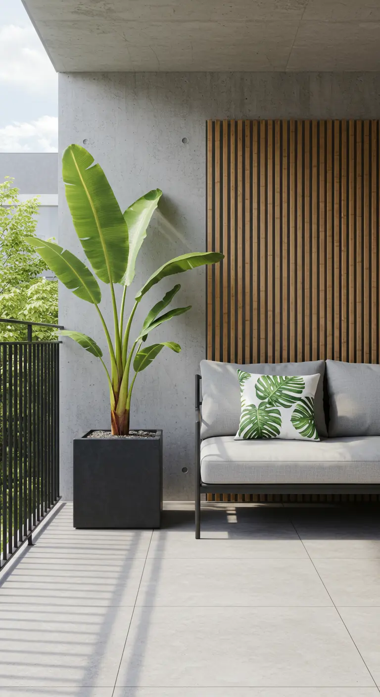 Modern balkon met betonnen muur, strakke grijze bank en een bananenplant in een zwarte pot.