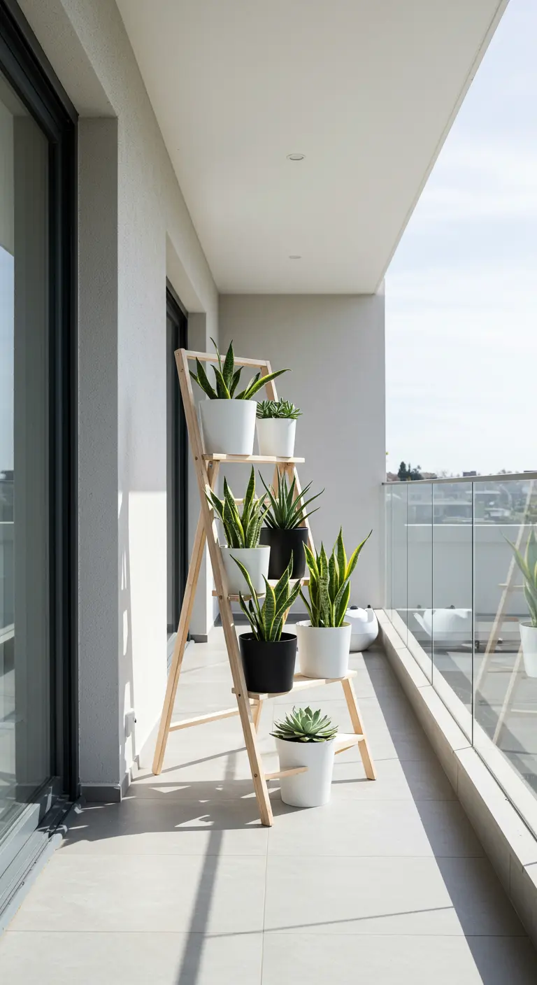 Moderne houten A-frame ladder met Sansevieria's in witte en zwarte potten op een strak balkon.