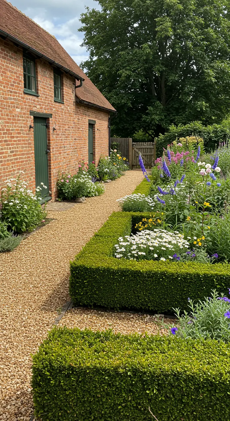Tuin met strakke buxushagen die contrasteren met een weelderige border vol witte en paarse bloemen.