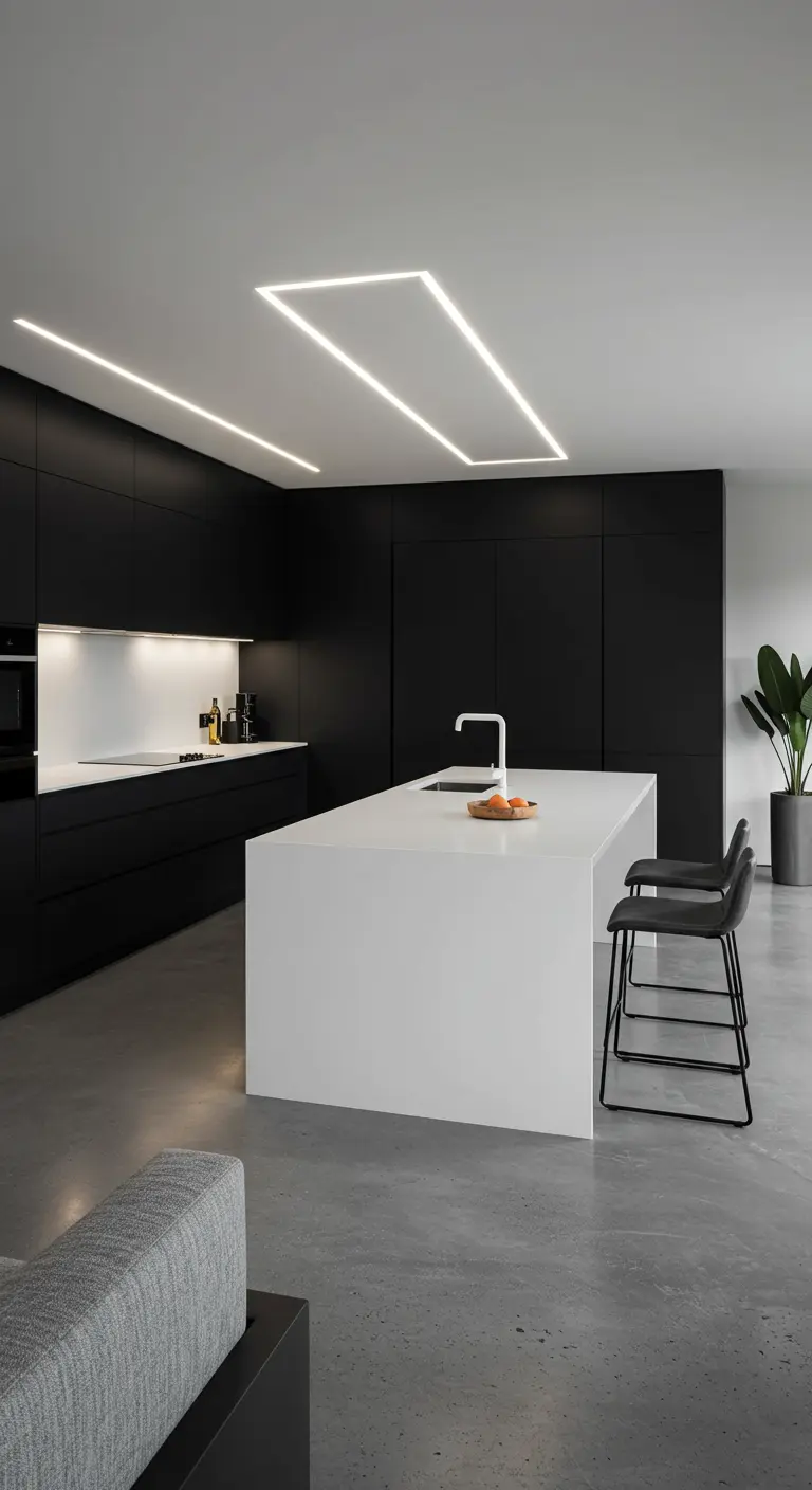 Zwart-witte minimalistische keuken met kookeiland en lineaire plafondverlichting.